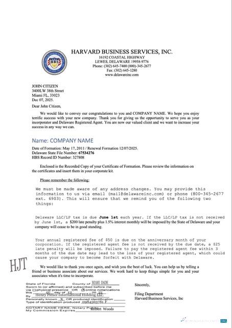 USA Delaware registration certificate Word and PDF template, version 2